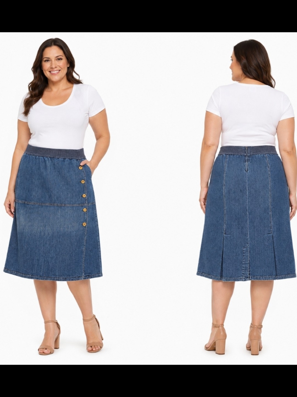 St John Sport Denim Button Front Midi Skirt Pleated Size 14 - Picture 3 of 8